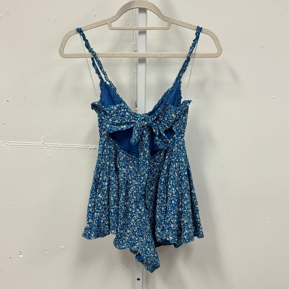 Princess Polly Blue Floral Cutout Back Tie Romper Braided Straps Cottagecore
